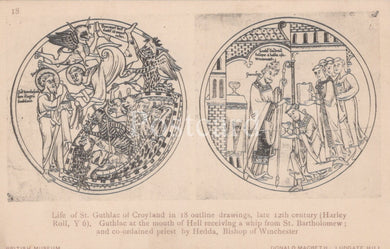 Two circular illustrations of St. Guthlac of Crowland from the late 12th century, with text below.