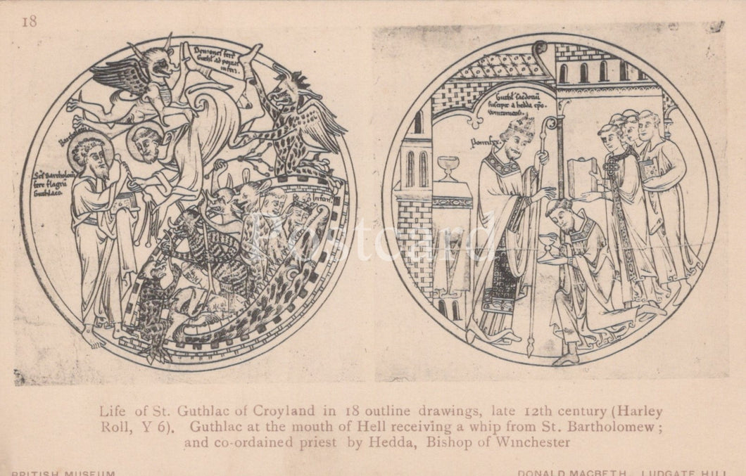 Two circular illustrations of St. Guthlac of Crowland from the late 12th century, with text below.