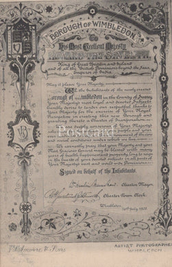 Historical document from the Borough of Wimbledon, England, with decorative elements and text.