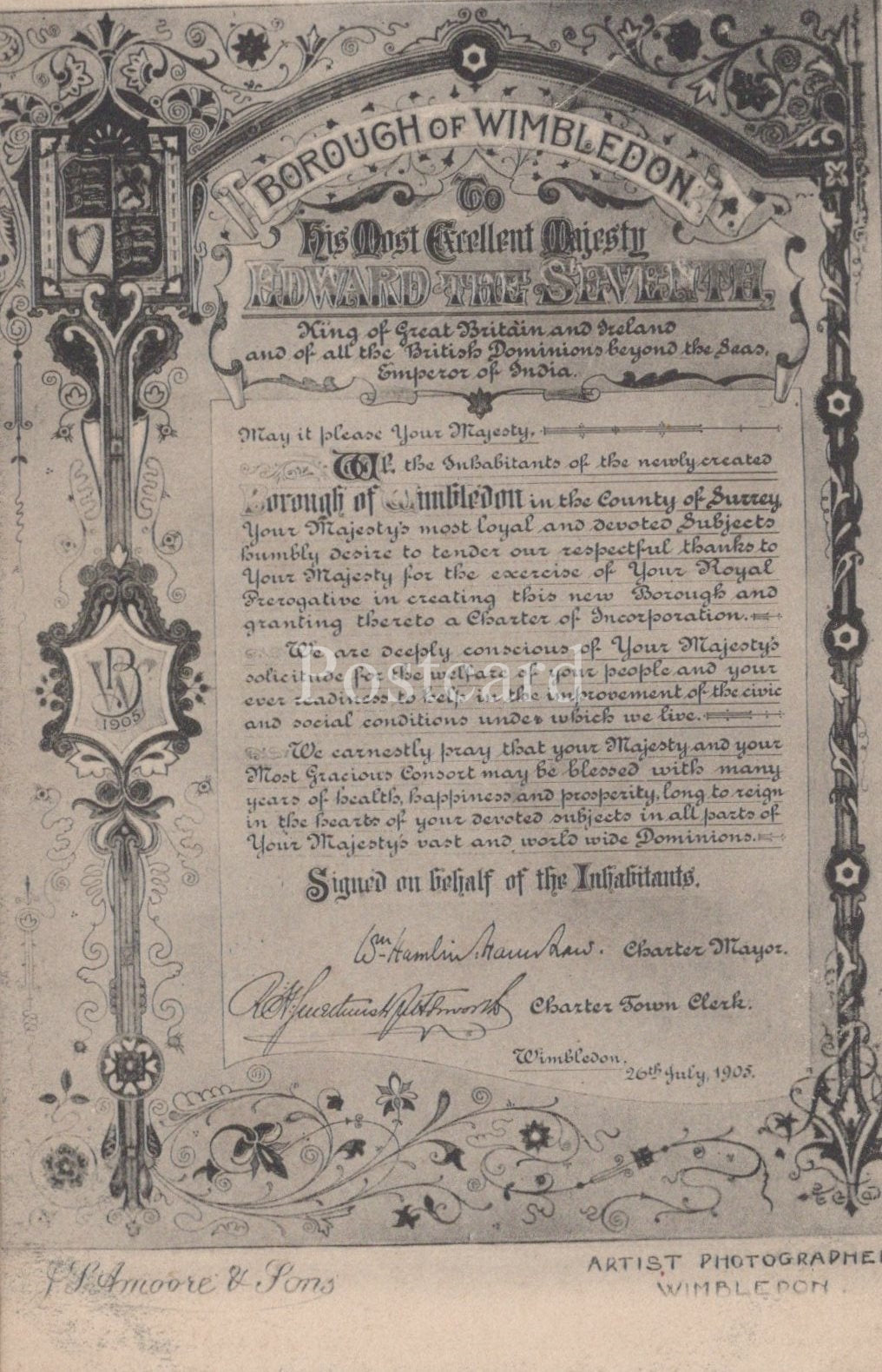 Historical document from the Borough of Wimbledon, England, with decorative elements and text.