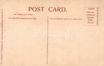 Back of a vintage postcard with text and a line for writing the address.