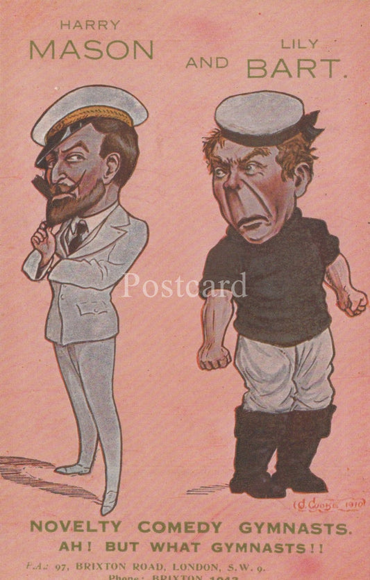 Cartoon of two men labeled 'Harry Mason' and 'Lily Bart' on a pink background, with text about novelty comedy gymnasts.