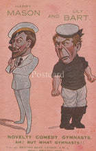 Load image into Gallery viewer, Cartoon of two men labeled &#39;Harry Mason&#39; and &#39;Lily Bart&#39; on a pink background, with text about novelty comedy gymnasts.
