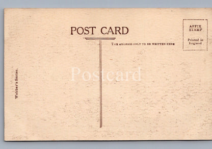 Vintage-style postcard with text and stamp design on a beige background