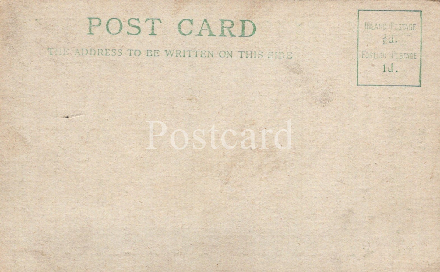 Vintage-style postcard with text and a stamp on a beige background