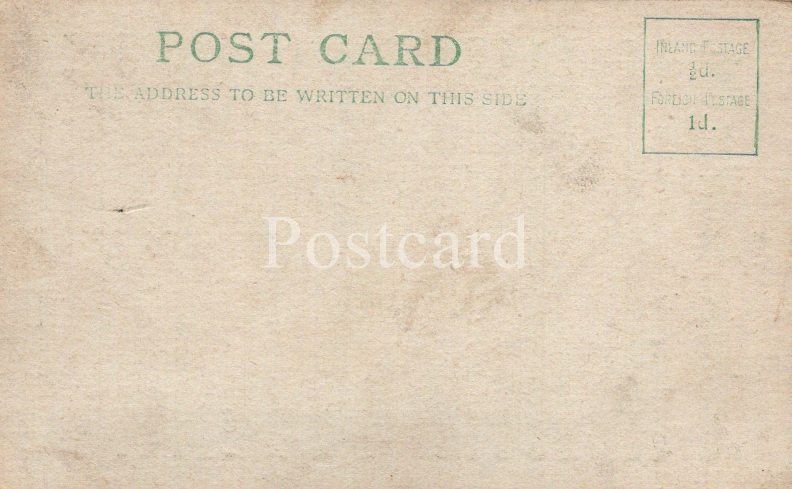 Vintage-style postcard with text and a stamp on a beige background