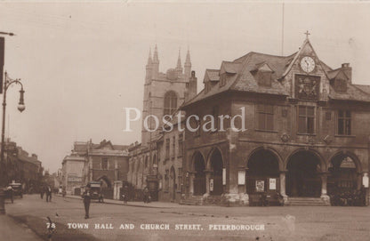 Vintage postcard of Town Hall and Church Street, Peterborough