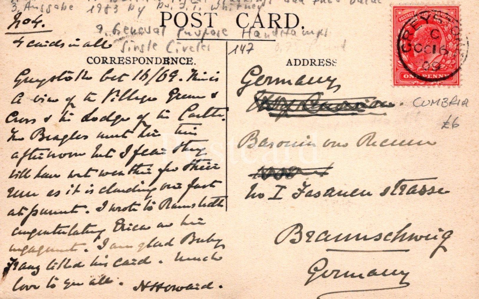 Vintage postcard with text and a red stamp on a beige background
