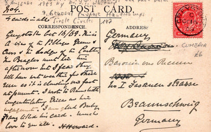 Vintage postcard with text and a red stamp on a beige background