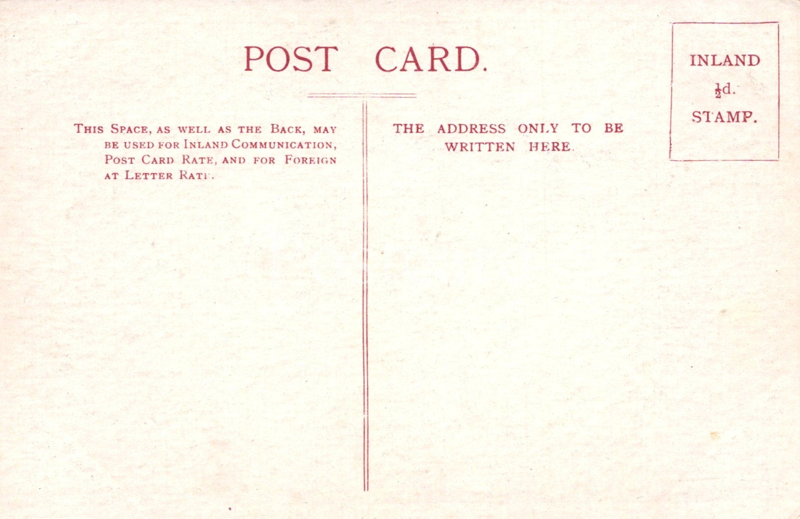 Vintage postcard with text and a stamp area on a light pink background