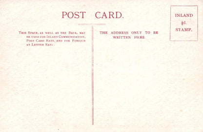 Vintage postcard with text and a stamp area on a light pink background