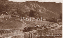 Load image into Gallery viewer, Vintage postcard of a steam train on a mountainous railway line with sheep in the foreground.

