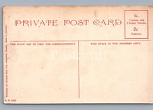 Load image into Gallery viewer, Back of a vintage postcard with red text on a beige background
