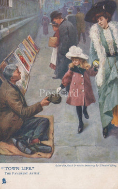 Vintage postcard of a pavement artist selling paintings to a woman and child in an urban setting.