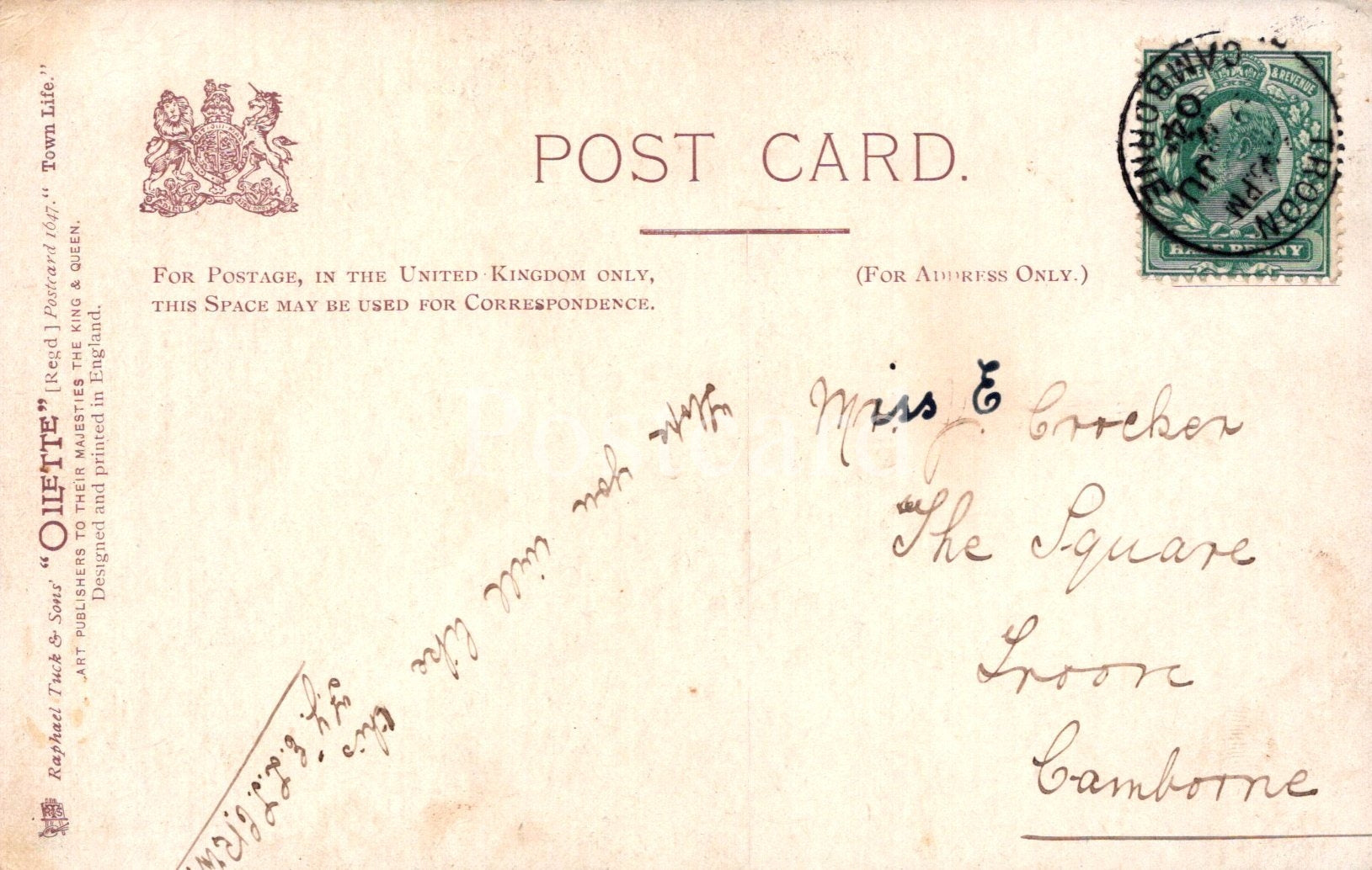 Vintage postcard with text and a stamp, featuring the Royal Coat of Arms.