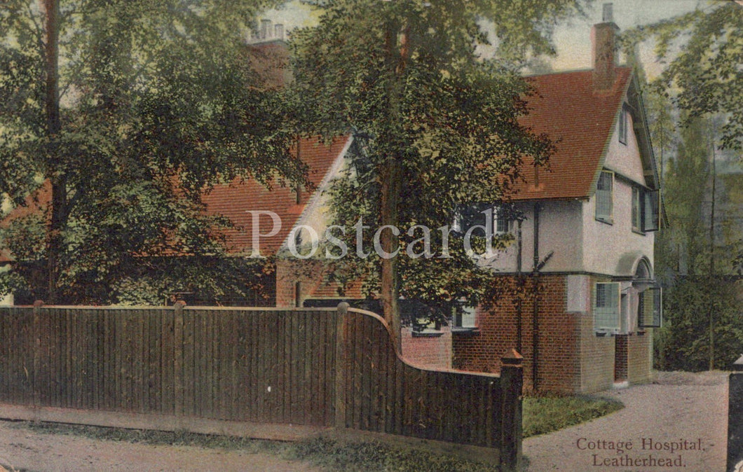 Vintage postcard of a cottage hospital with trees and a fence in the foreground.
