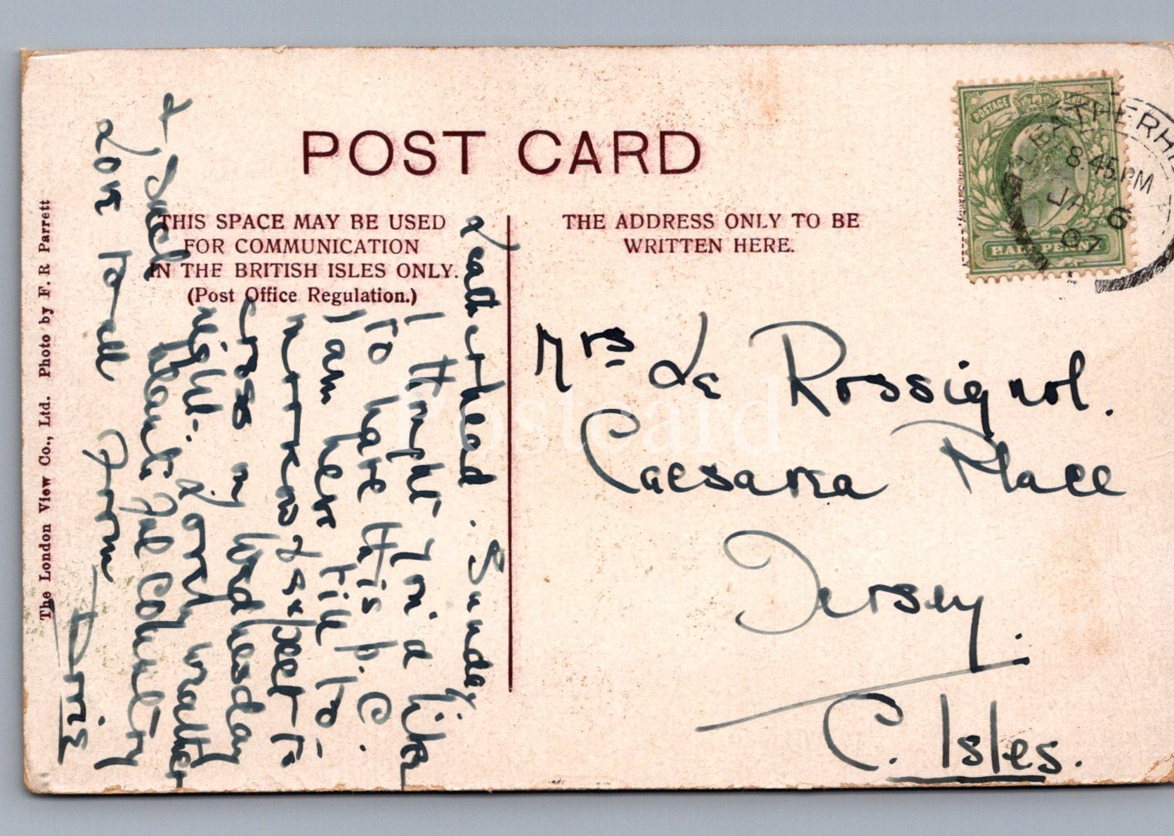 Vintage postcard with handwritten text and a stamp, featuring a message to 'Mr. de Rossignol'.