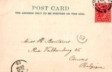 Load image into Gallery viewer, Vintage postcard with stamps and handwritten address on a beige background
