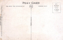 Load image into Gallery viewer, Back of a vintage postcard with printed text and stamps.
