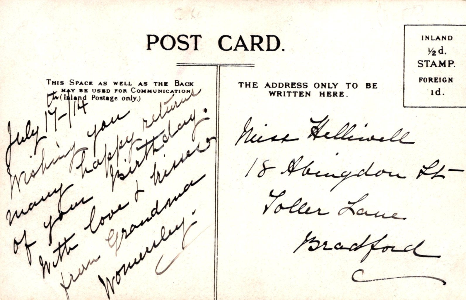 Vintage postcard with handwritten text and address details.