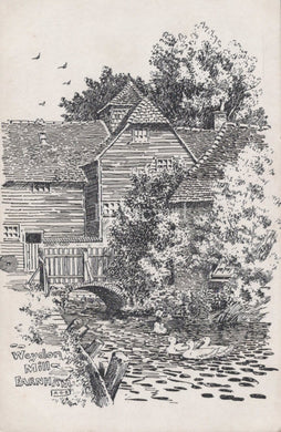 Illustration of a mill by a river with trees and birds in the background