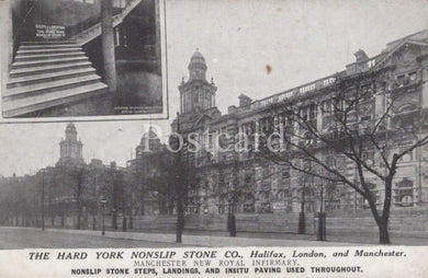 Vintage postcard featuring a building and stone steps with text about The Hard York Nonslip Stone Co.