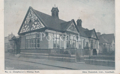 Vintage black and white postcard of an Employee's Dining Hall with decorative roof.
