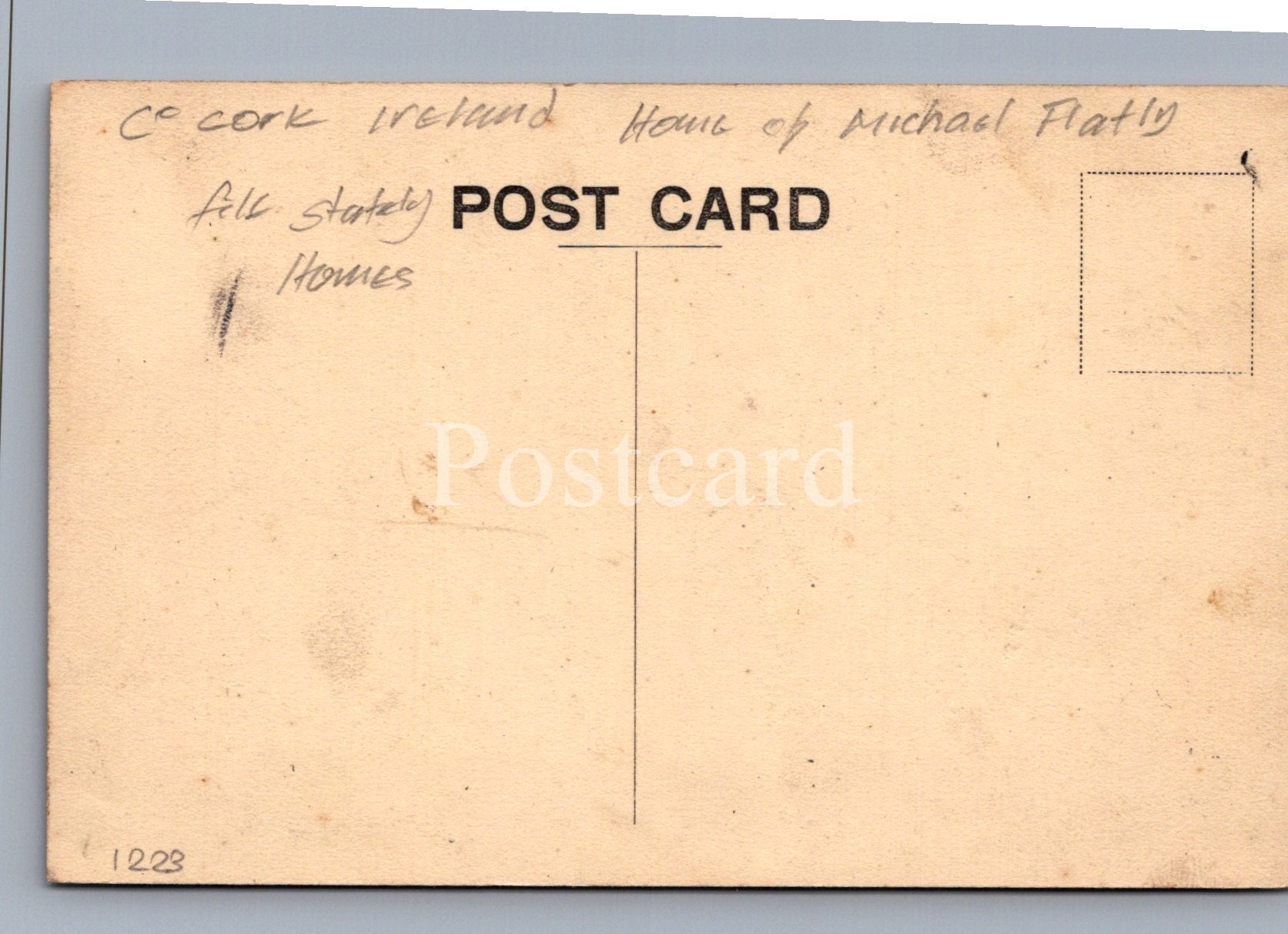Back of a postcard from Cork, Ireland with text and a stamp.
