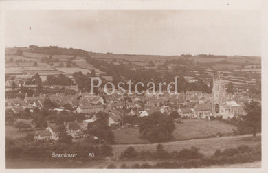 Vintage aerial view of a town with 'Beaminster' on a postcard