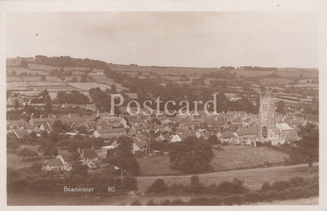 Vintage aerial view of a town with 'Beaminster' on a postcard