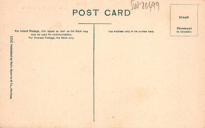 Back of a vintage postcard with text and a stamp