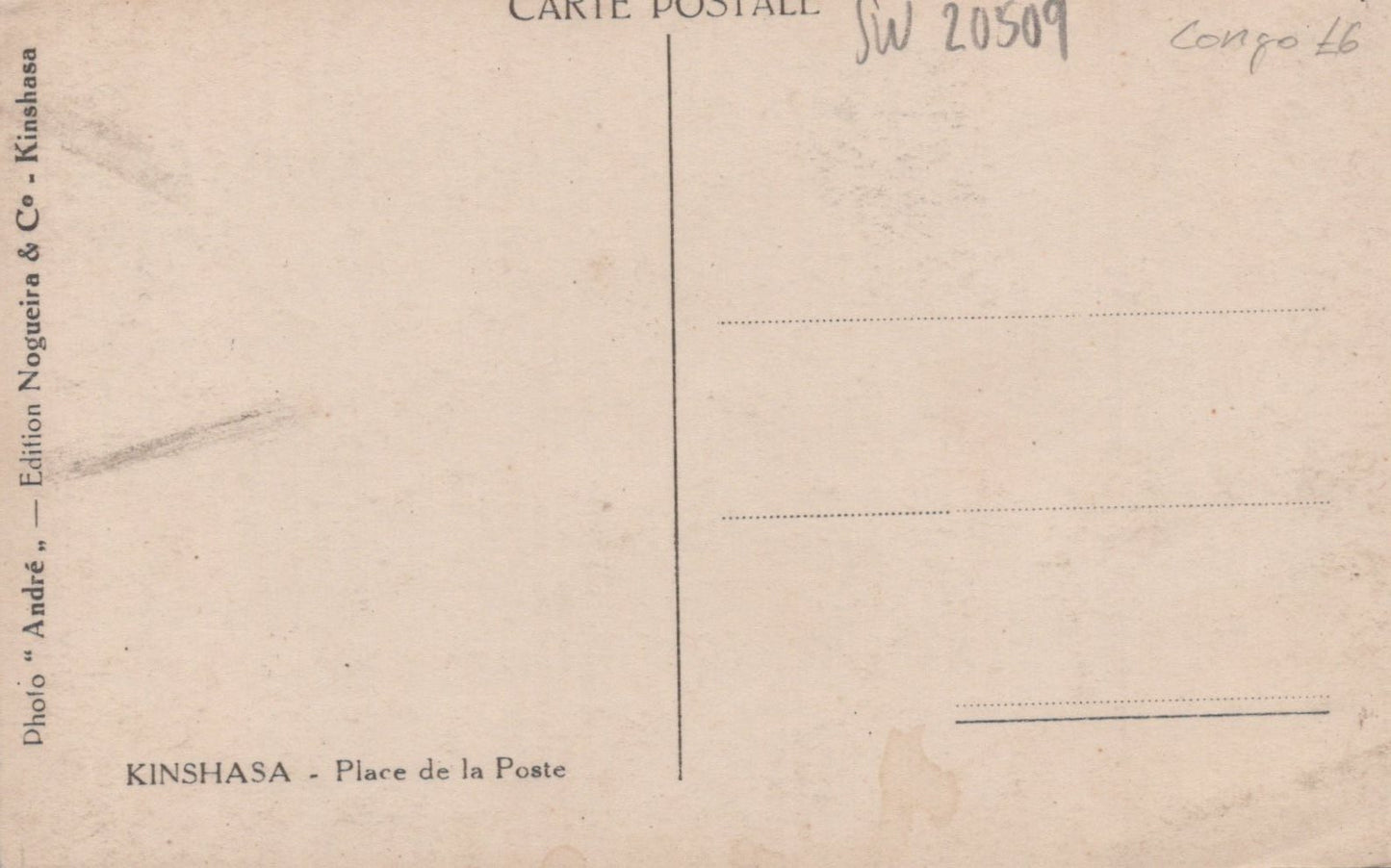 Vintage postcard from Kinshasa with postal markings and text.