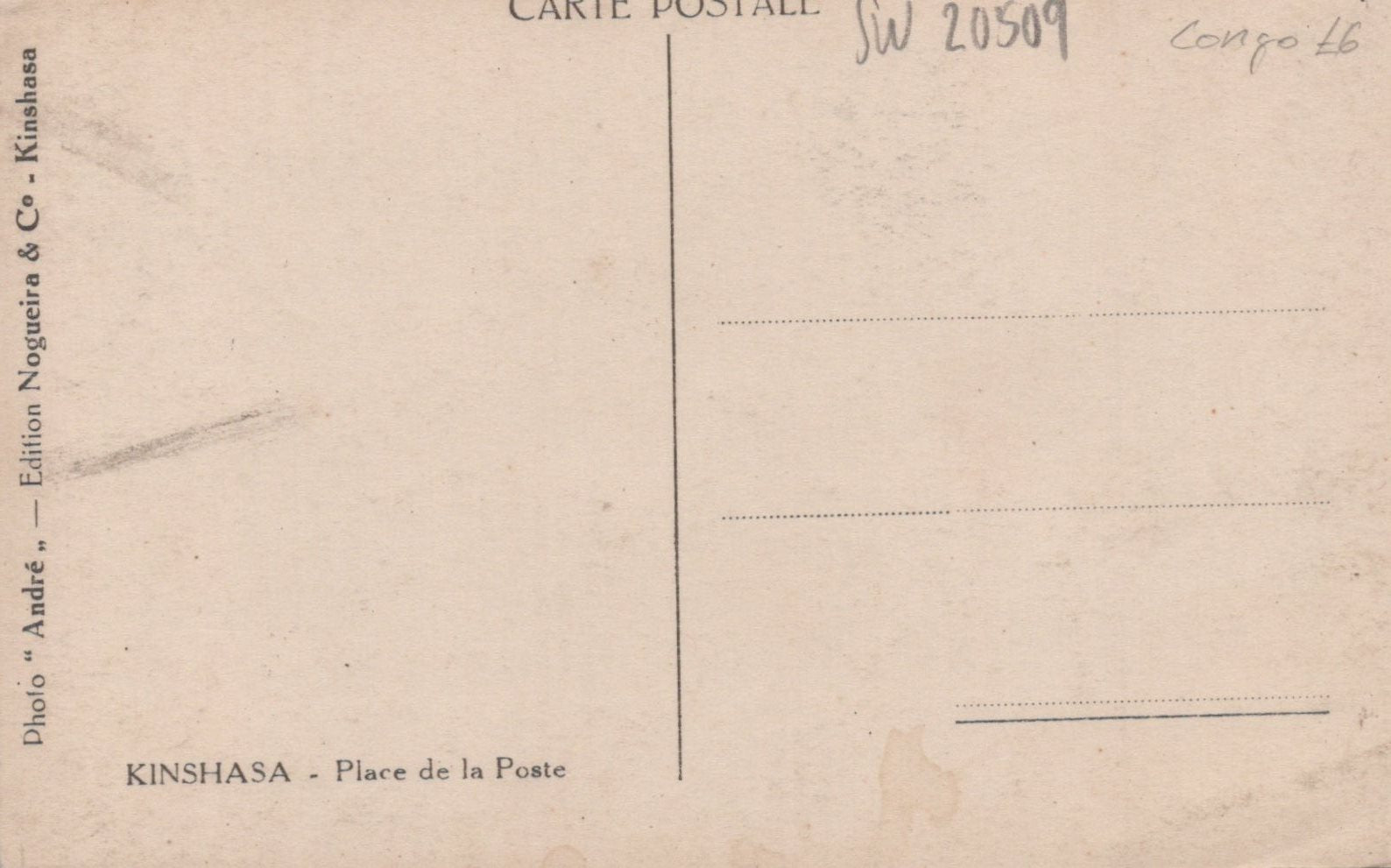 Vintage postcard from Kinshasa with postal markings and text.