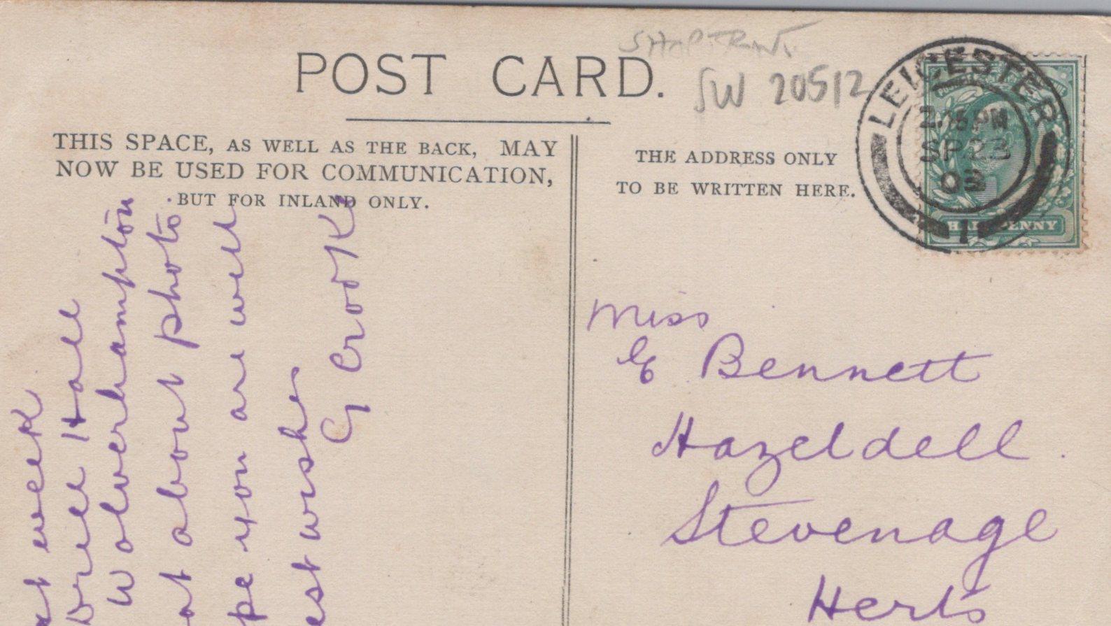 Vintage postcard with handwritten text and a stamp, featuring the address 'Miss E. Bennett, Hazel Dell, Stevenage, Herts'.