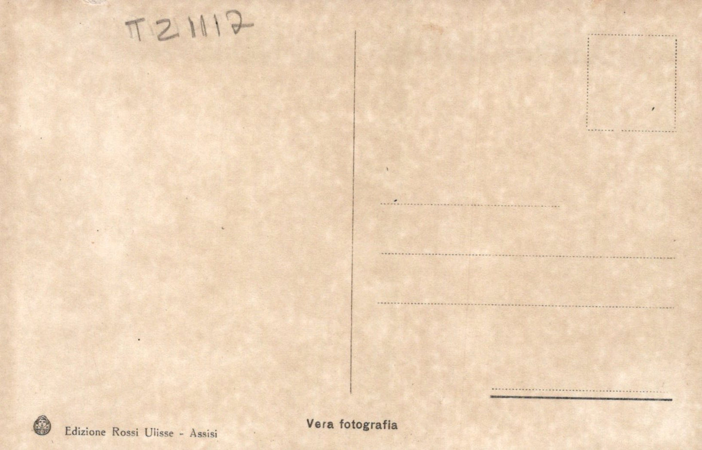 Back of a vintage postcard with text and a grid layout on a beige background