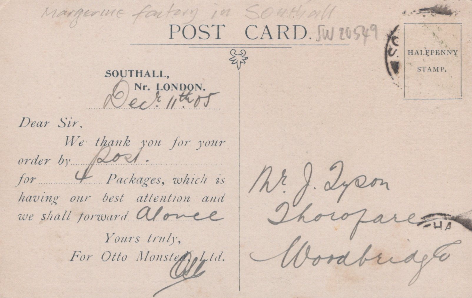 Vintage postcard with handwritten text and postage stamp, featuring 'Southall, Nr. London' on the back.