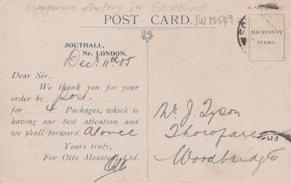 Vintage postcard with handwritten text and postage stamp, featuring 'Southall, Nr. London' on the back.