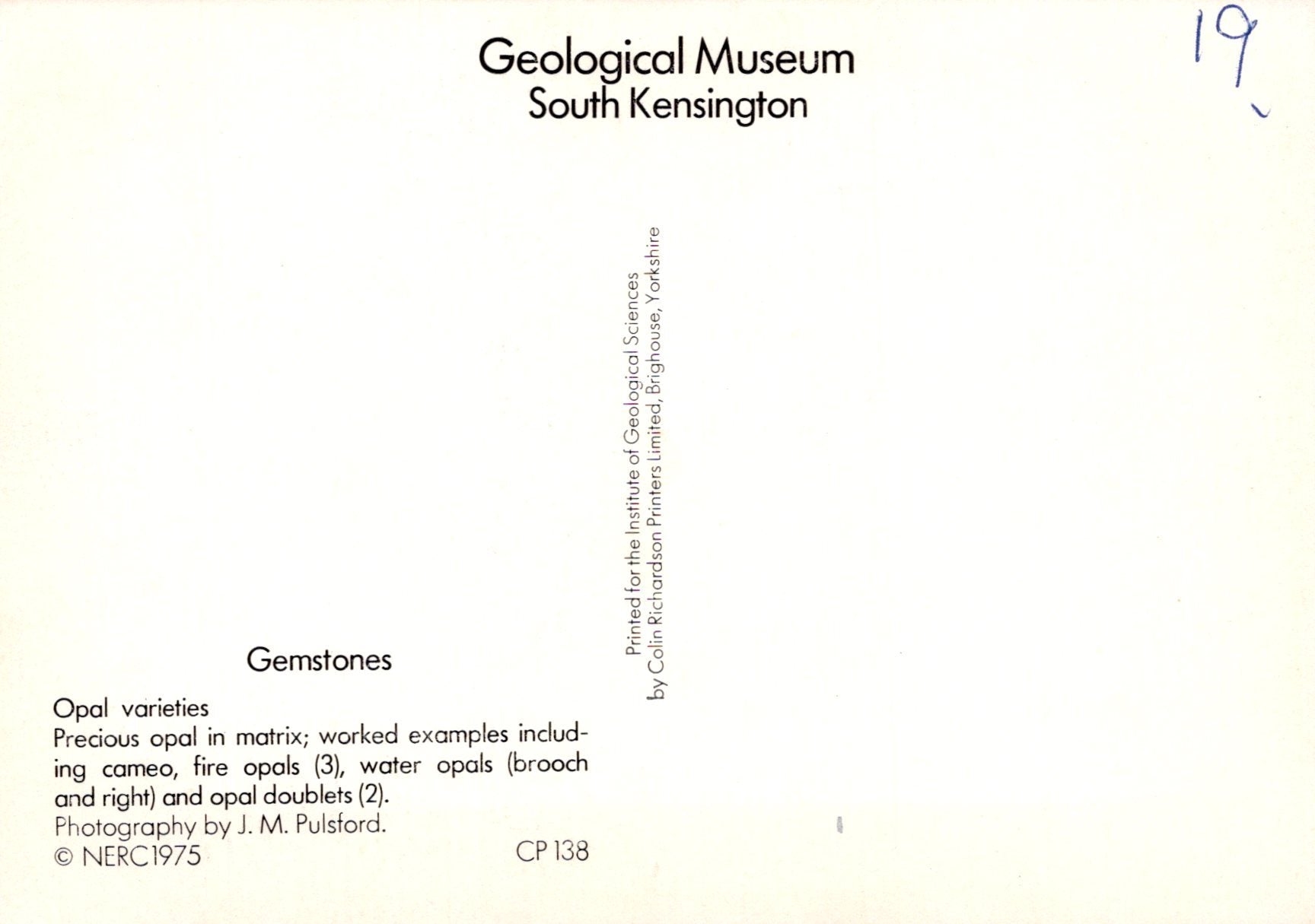 Label from Geological Museum South Kensington with text about gemstones and opals.