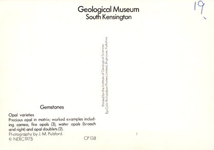 Label from Geological Museum South Kensington with text about gemstones and opals.