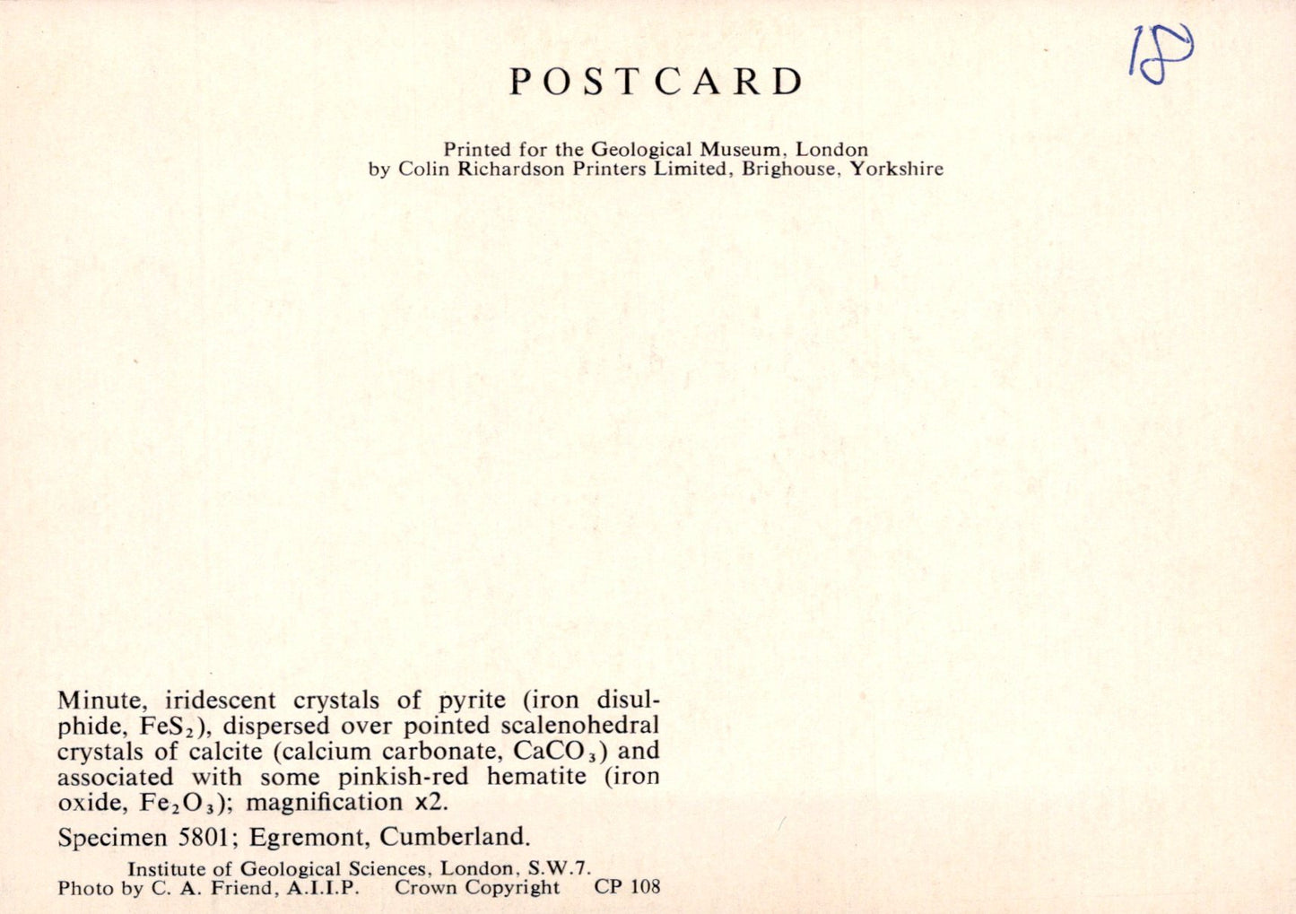 Vintage postcard with text about mineral crystals, printed for the Geological Museum, London.