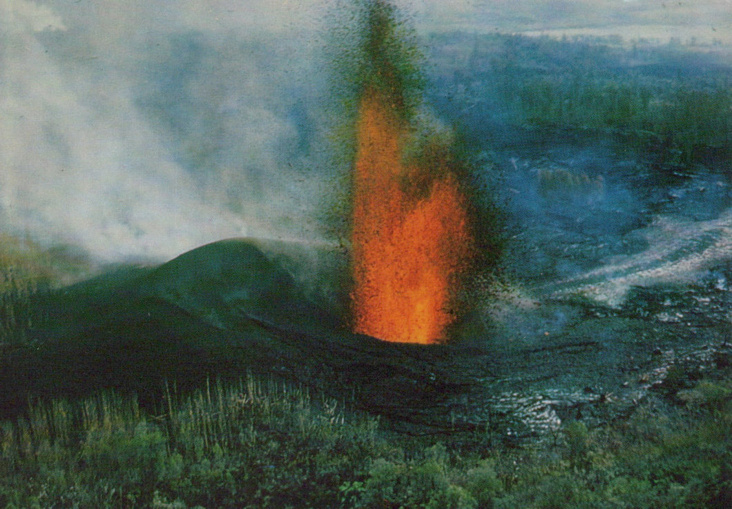 Lava flowing into water with greenery around, resembling a natural landscape.