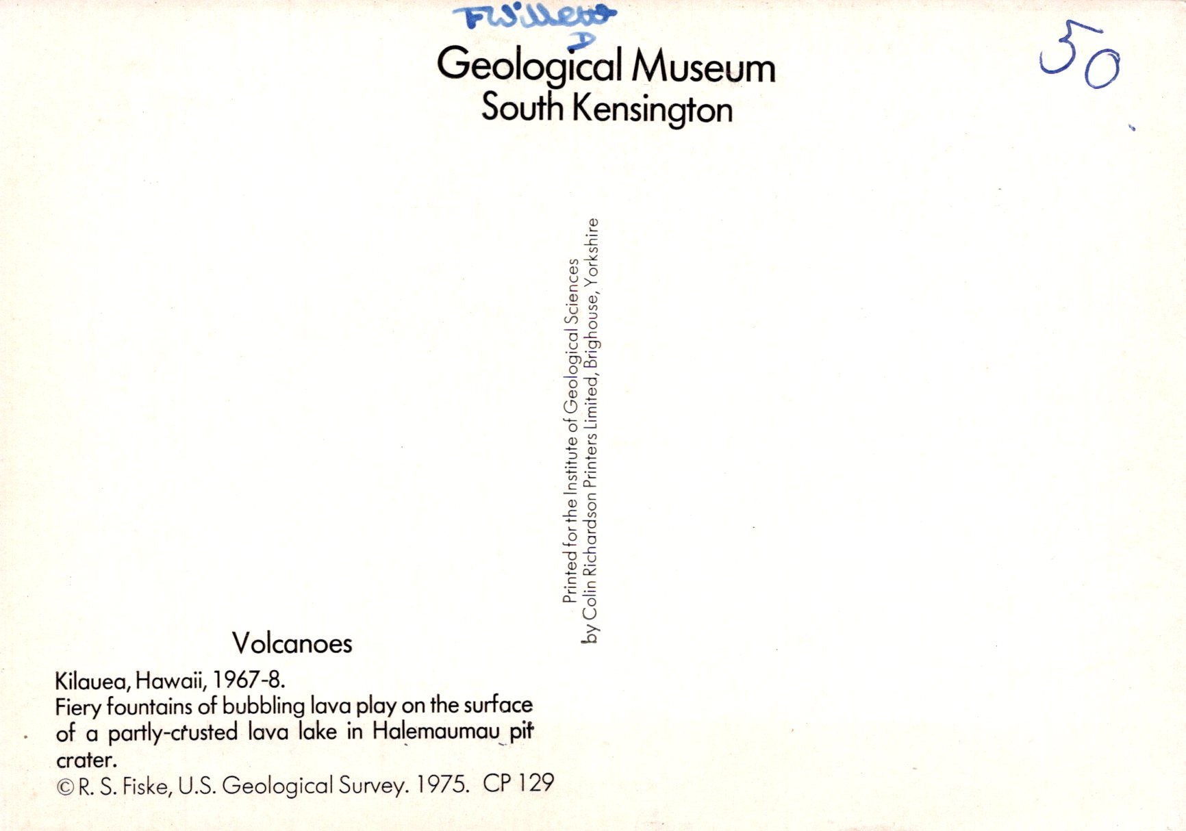 Back cover of a book or document related to the Geological Museum South Kensington with text about volcanoes.