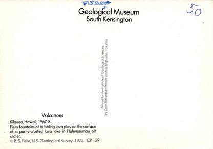 Back cover of a book or document related to the Geological Museum South Kensington with text about volcanoes.
