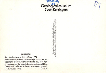 Brochure or leaflet from the Geological Museum at South Kensington with text about volcanoes.