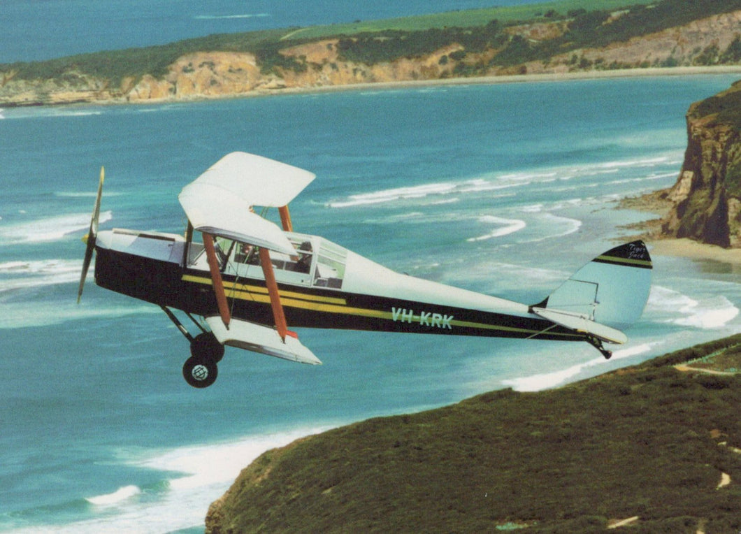 Vintage biplane flying over a coastal landscape with cliffs and ocean.