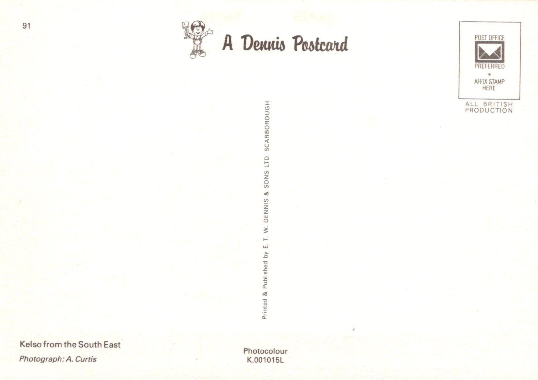 Back of a Dennis the Menace postcard with text and a logo.