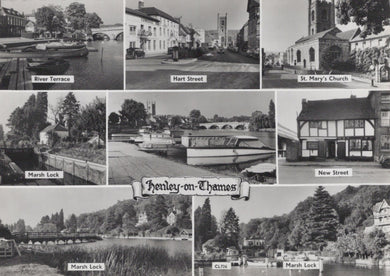 Collage of black and white photographs of Henley-on-Thames featuring various landmarks.