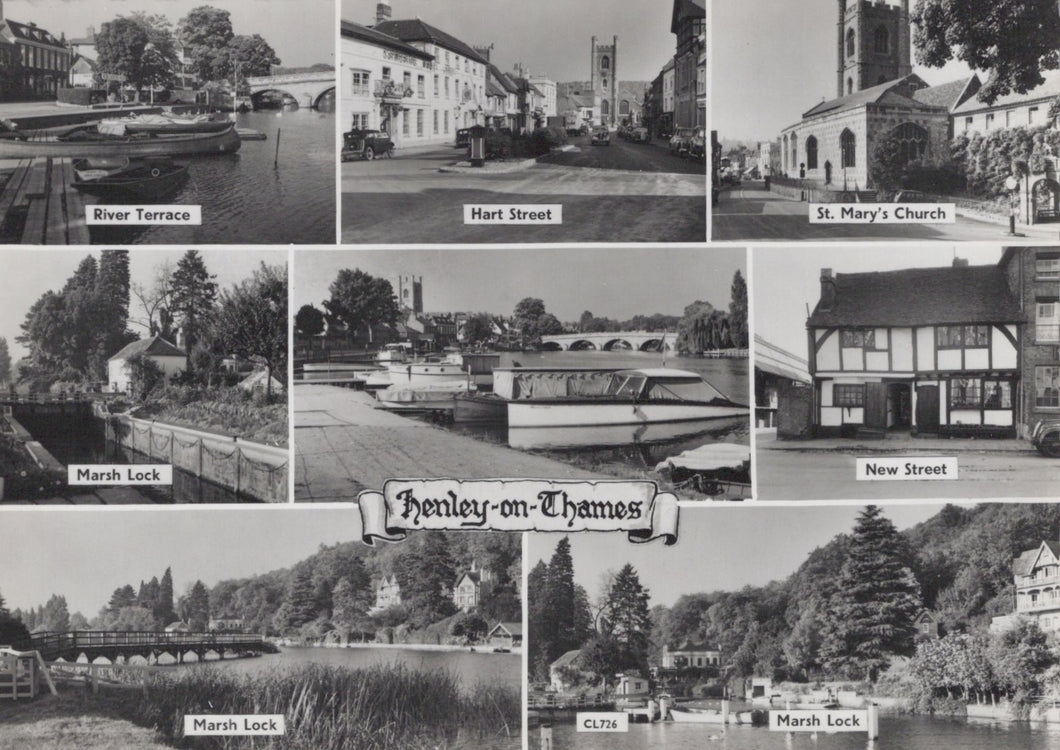 Collage of black and white photographs of Henley-on-Thames featuring various landmarks.