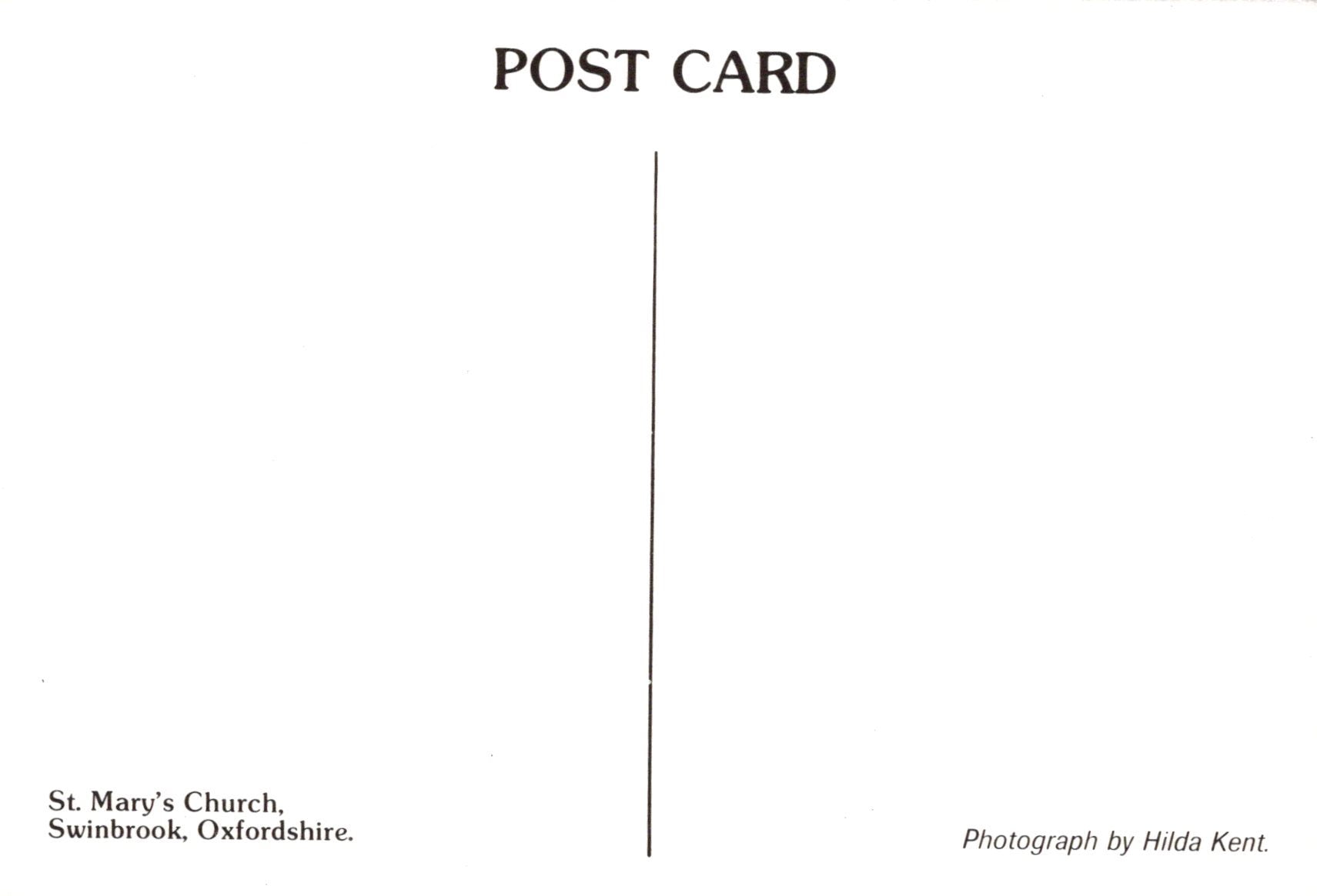 Blank postcard with text about St. Mary's Church, Swinbrook, Oxfordshire, and a photograph by Hilda Kent.