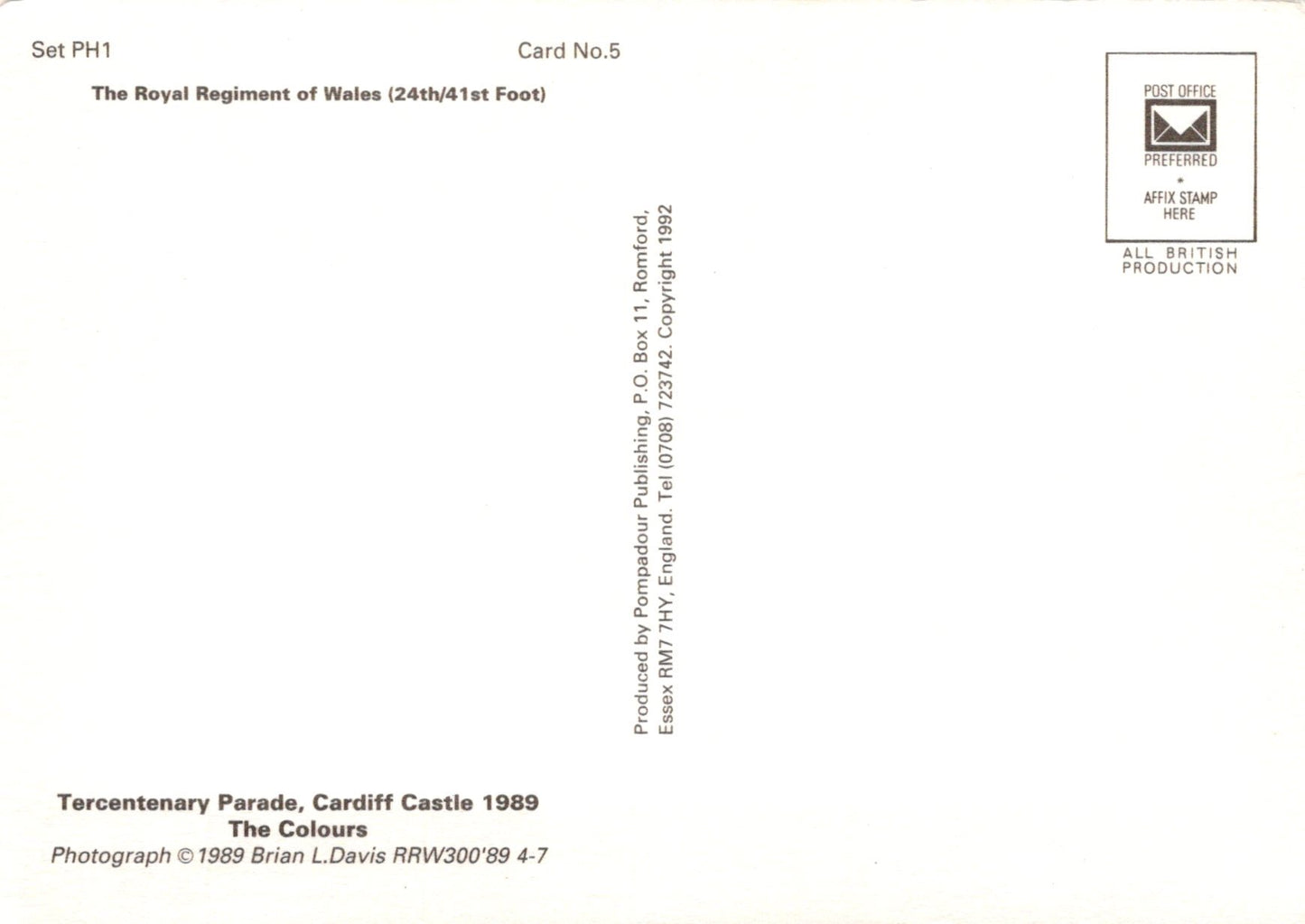 Back of a card with text and a logo, featuring the Royal Regiment of Wales.